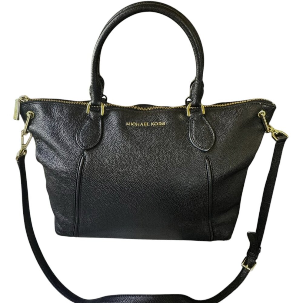 Michael Kors  Black pebbled leather Lenox Satchel Crossbody Gold hardware